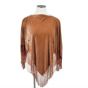 Burnout Velvet Shawl Poncho with Fringe Orangey Rust Brown